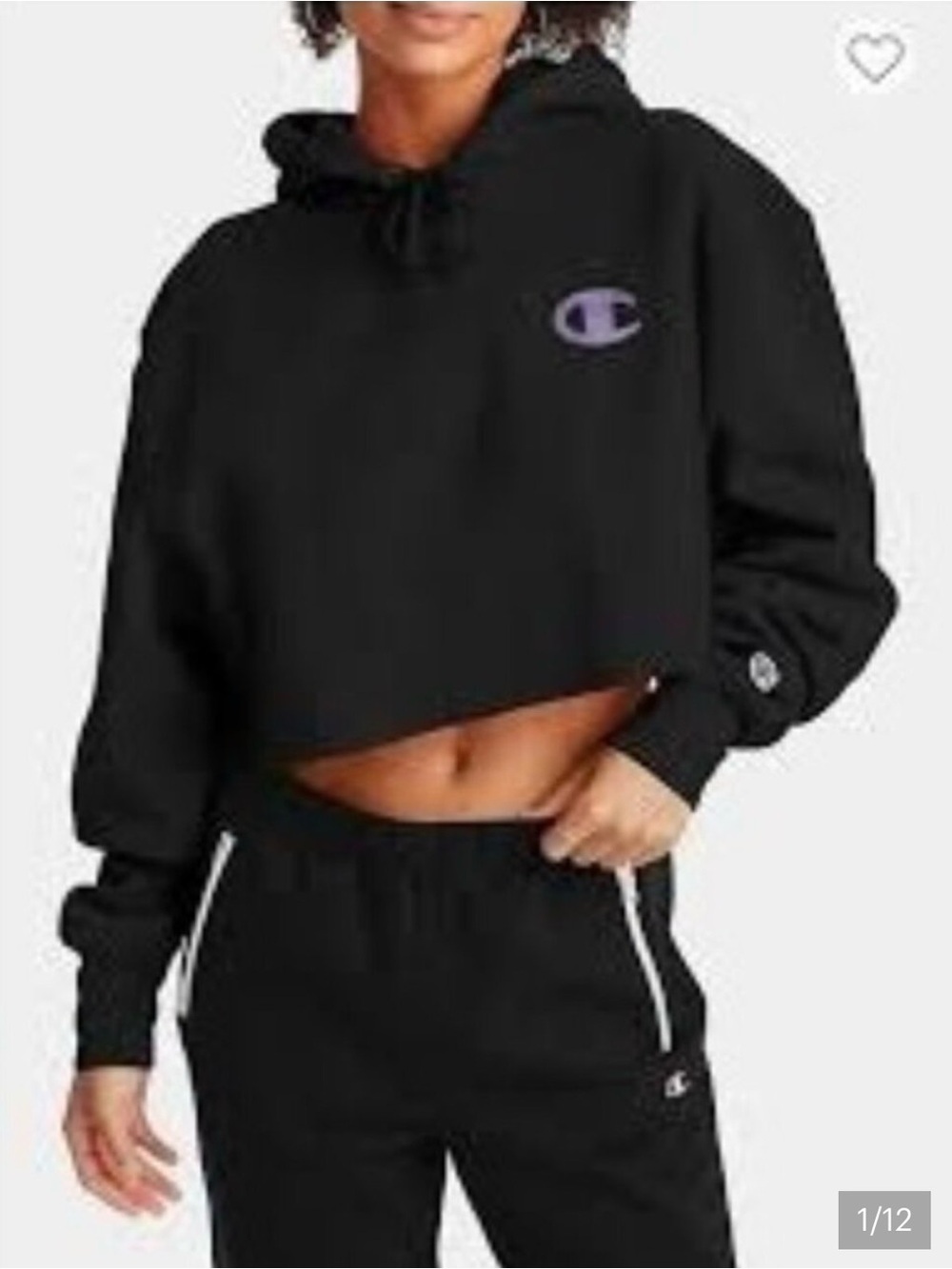 Champion Reverse Weave Crop Hoodie Black & Pink Logo Sweatshirt Size Medium